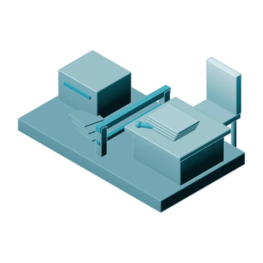 Isometric illustration of a bench with an award and a pen on it, a machine on the far side of a raised rail, and the sheets it has produced stopping short of the rail