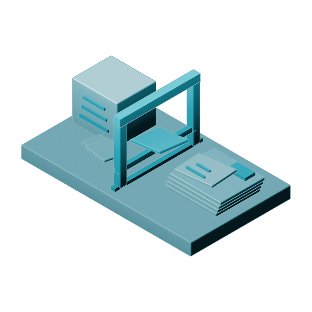 Isometric illustration of an arbitration file passing through a disclosure gate, with an AI processing unit on one side and the tribunal record on the other