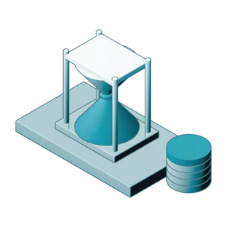 Isometric illustration of an hourglass beside a stack of coins