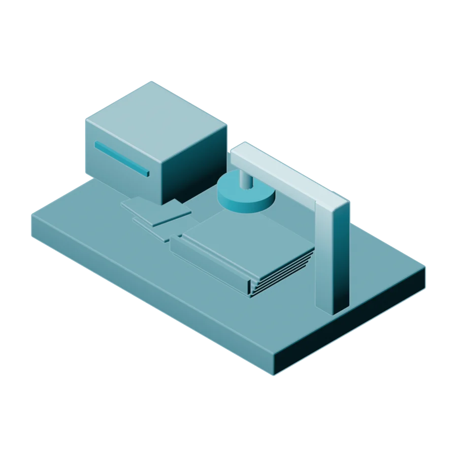 Isometric illustration of an award on a bench beneath a seal press, with a small machine unit feeding pages towards it