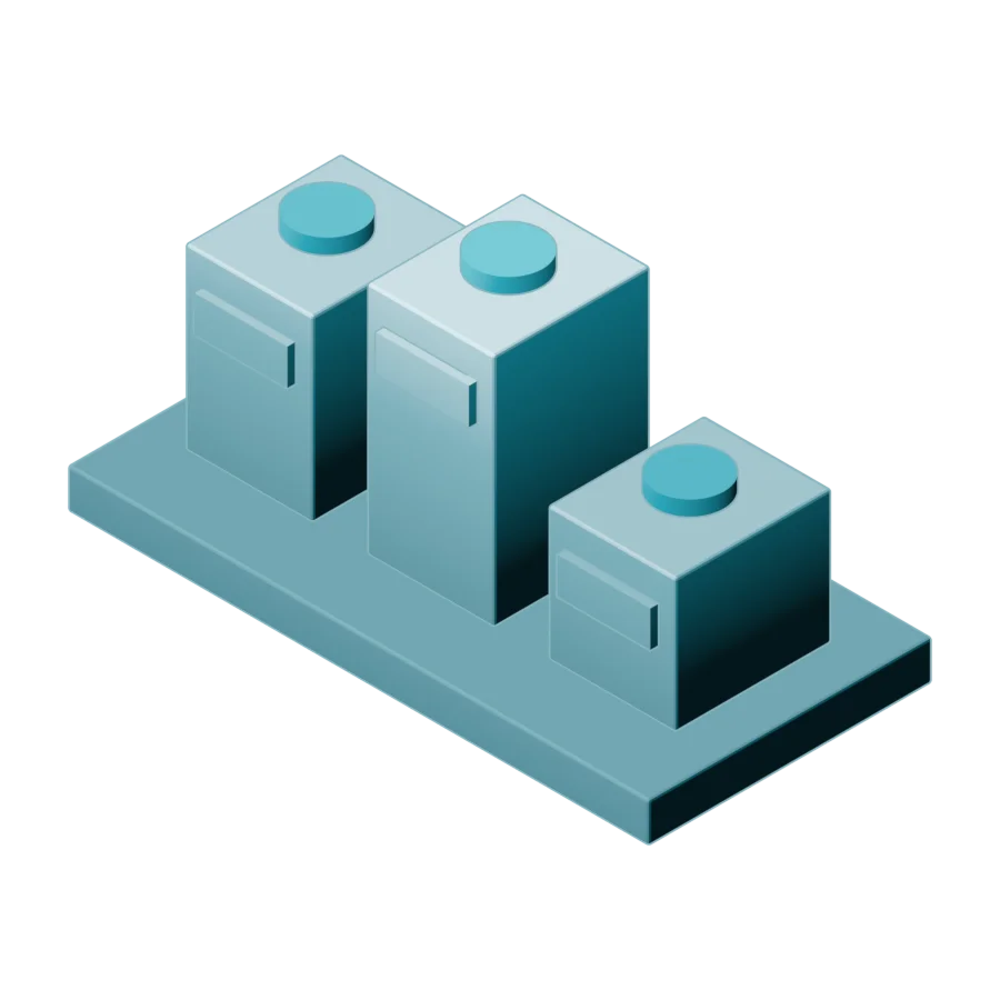 Isometric illustration of a row of case files on a plinth, each carrying a single token