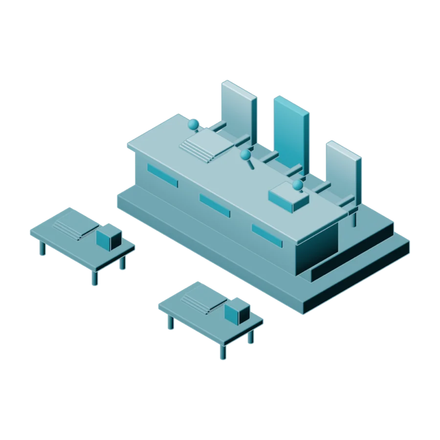 Isometric illustration of a three-member arbitral tribunal at a bench, with the parties' tables in front